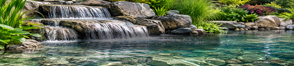 Clear pond water flowing over natural rock waterfalls in a lush landscaped water garden.