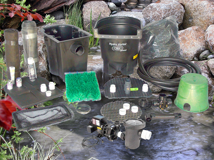 Ahi Series 11'x11' pond kit and C-2520-B external pump with HydroFlush backwash system