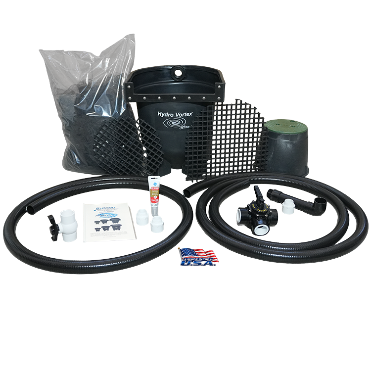 Ahi Hydro Vortex™ 16-inch waterfall filter with FilterSilk™ media, filter grates, drain kit and HydroFlush™ backwash system components.
