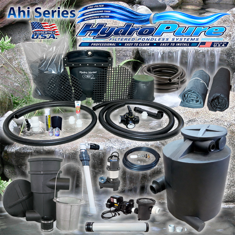Ahi Series HydroPure™ Filtered Pondless Systems are Made in the U.S.A. over beautiful waterfalls and clean water.