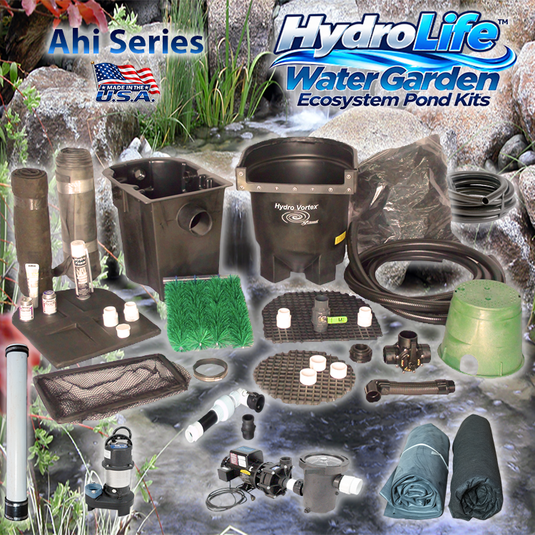 Ahi Series HydroLife™ Water Garden Ecosystem Pond Kit over a water garden ecosystem pond with waterfalls and clean water.
