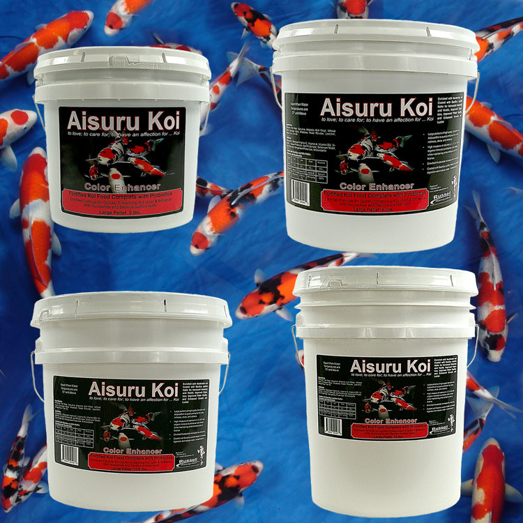 Aisuru Koi™ Color Enhancer Koi Food containers with Koi fish background