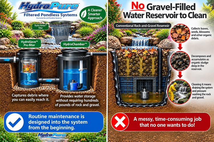 A promotional comparison graphic for HydroPure filtered pondless systems, showing a clean installed system on the left and a messy conventional gravel reservoir on the right, with text callouts and icons explaining benefits like routine maintenance and no messy job.