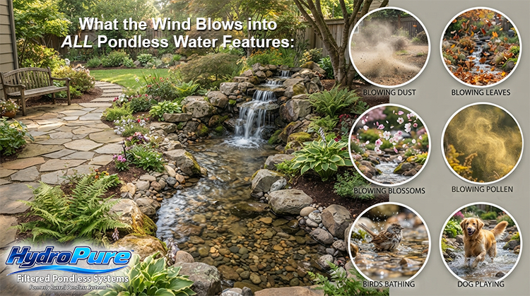 Promotional graphic for the HydroPure Pondless Water System, featuring a landscaped pond with a small waterfall and stone pathway on the left, and six circular inset photos on the right showing effects like blowing dust, leaves, blossoms, pollen, birds, and dogs. Text at the top reads, 'What the Wind Blows into All Pondless Water Features.