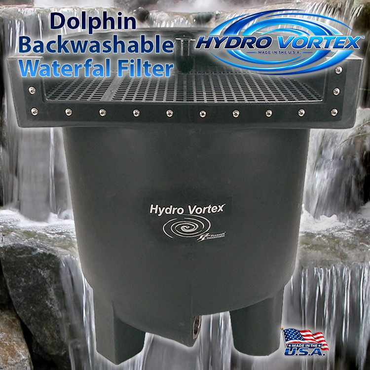 Dolphin Hydro Vortex™ 25-inch biological waterfall filter for ponds and pondless waterfalls over beautiful roaring waterfalls with clean water.