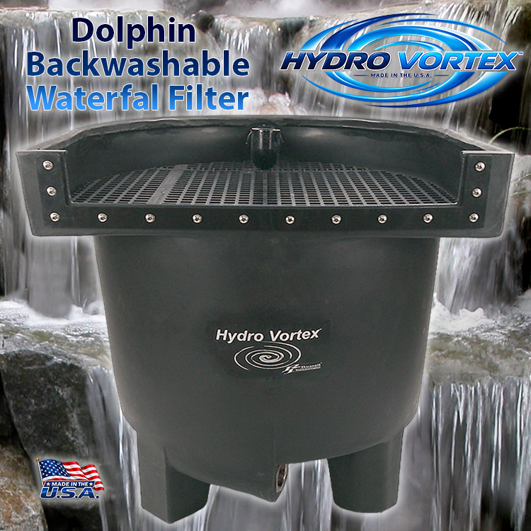 Dolphin Hydro Vortex™ 25-inch biological waterfall filter for ponds and pondless waterfalls over beautiful roaring waterfalls with clean water.