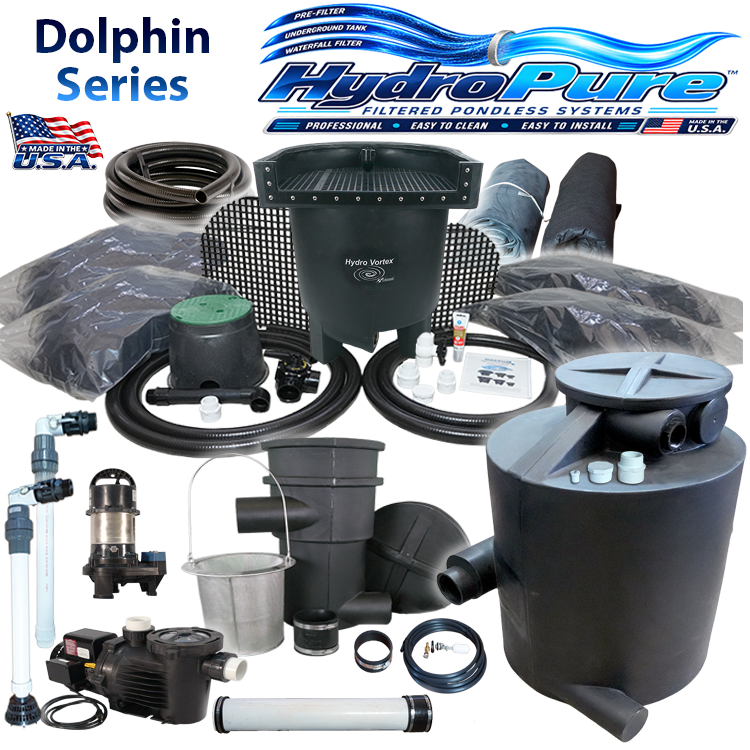 HydroPure Dolphin Series filtered pondless water system kit with multiple black and gray components, including a large storage tank, pump, filters, hoses, and accessories, arranged on a white background with a 'Made in the U.S.' emblem.