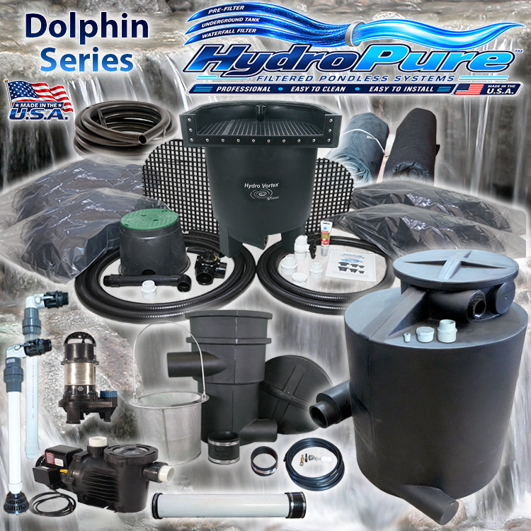 HydroPure Dolphin Series filtered pondless system kit, featuring a black submersible pump, multi-stage filter, storage tanks, piping, and accessories, presented against a waterfall graphic background with brand logos.
