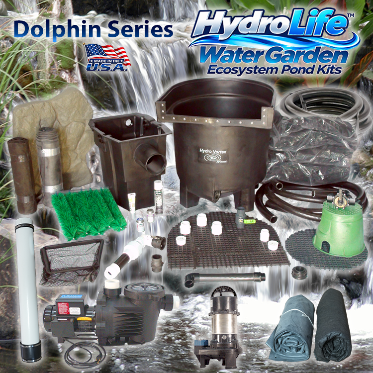 Dolphin Series HydroLife™ large water garden pond kit over a beautiful waterfall with clean water.