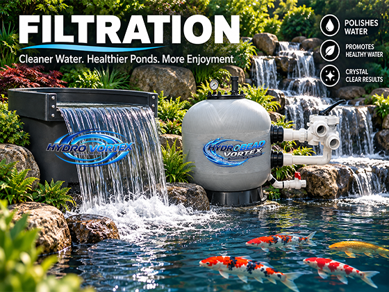 Hydro Vortex™ waterfall filter and HydroBead Vortex™ koi pond filter providing clear water filtration for ponds and pondless waterfalls”