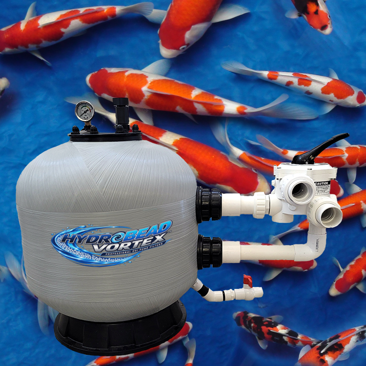 HydroBead Vortex™ HBV-21 koi pond bead filter shown with colorful koi in clear water.