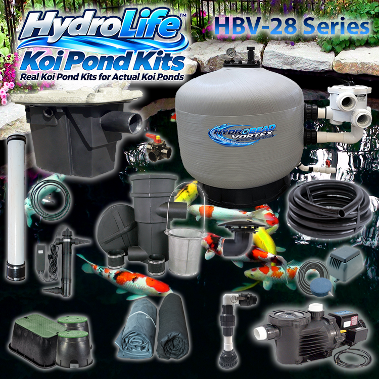 HBV-28 Series HydroLife™ Koi Pond Kit over a koi pond with beautiful koi and clean, clear water.