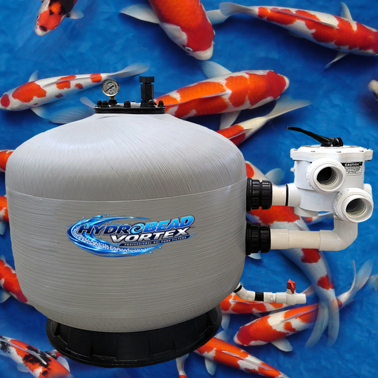 HydroBead Vortex™ HBV-28 koi pond bead filter shown with colorful koi in clear water.