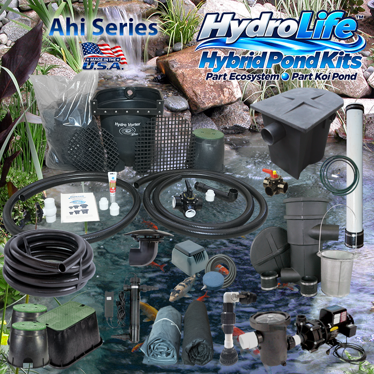 Ahi Series HydroLife™ Hybrid Pond Kit combines the beauty of a water garden pond with the koi health benefits of a koi pond over a beautiful Hybrid Pond with clean water and waterfalls.