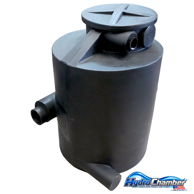 HydroChamber™ underground pondless water storage and pump chamber with access lid and plumbing connections.
