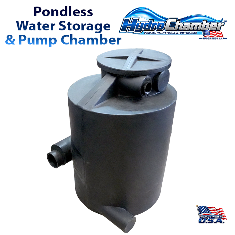 HydroChamber™ underground pondless water storage and pump chamber with access lid and plumbing connections.