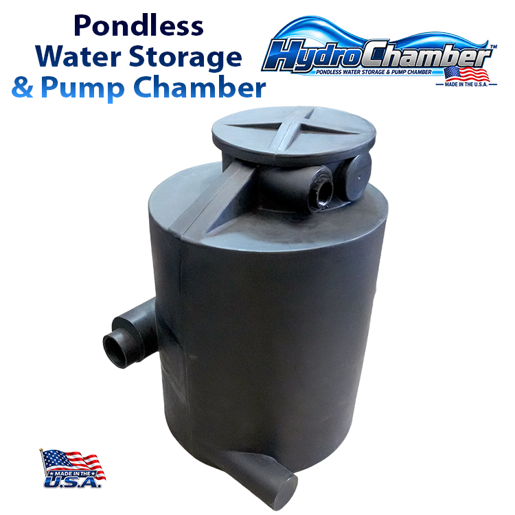 HydroChamber™ underground pondless water storage and pump chamber with access lid and plumbing connections.