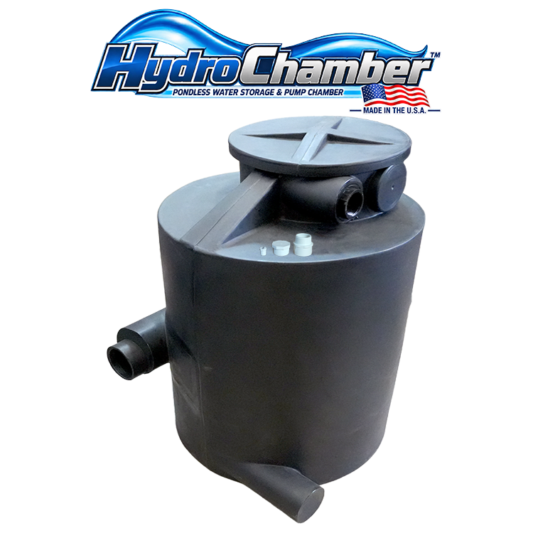 A black cylindrical pondless water storage and pump chamber tank with a cross-shaped top lid, shown on a white background with a HydroChamber brand logo at the top.