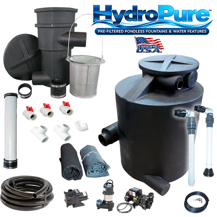 HydroPure™ pre-filtered pondless fountain kit with HydroSieve, HydroChamber, pumps, plumbing, valves, liner and installation components.