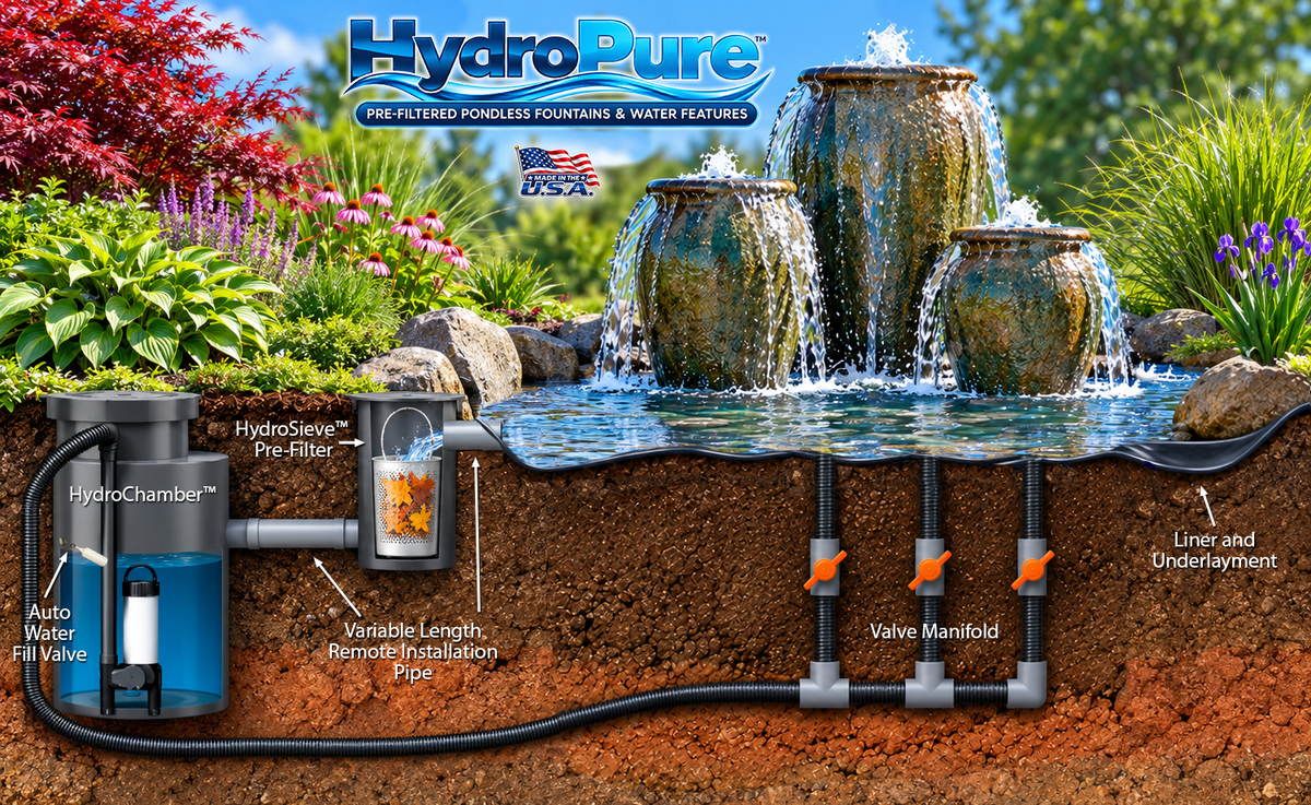 HydroPure™ pre-filtered pondless 3-Urn  fountain showing HydroSieve, HydroChamber, auto-fill valve, valve manifold, liner and underground plumbing.