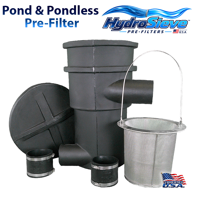 HydroSieve™ pond and pondless pre-filter with 316 stainless steel debris basket, lid and 4-inch pipe connections.