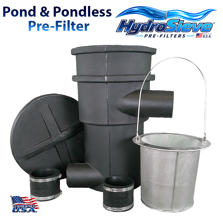 HydroSieve™ pond and pondless pre-filter with 316 stainless steel debris basket, lid and 4-inch pipe connections.