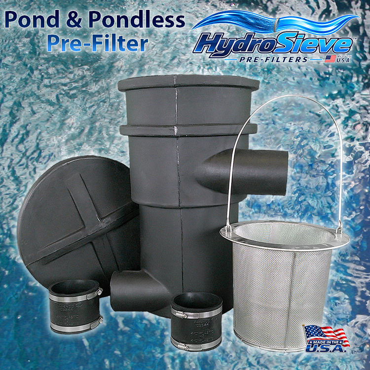 HydroSieve™ pond and pondless pre-filter with 316 stainless steel debris basket, lid and 4-inch pipe connections over clean blue water.