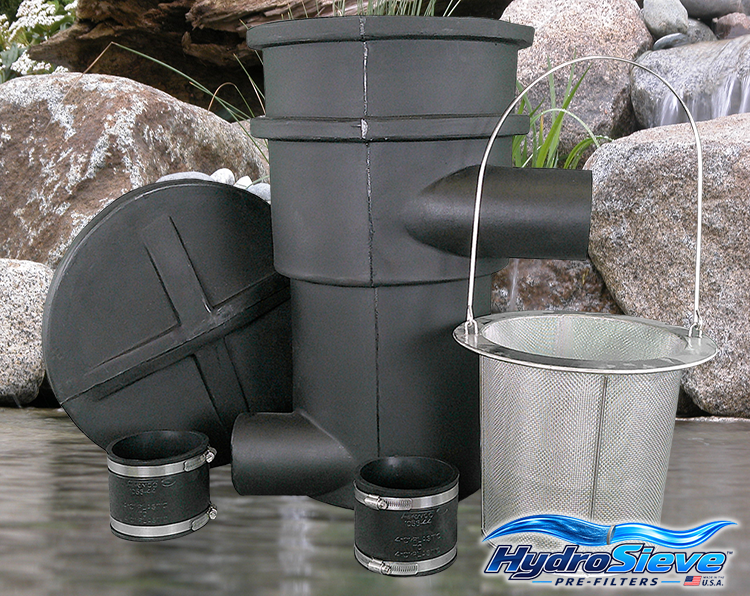 HydroSieve™ pond and pondless pre-filter with 316 stainless steel debris basket, lid and 4-inch pipe connections over a pond with waterfall.