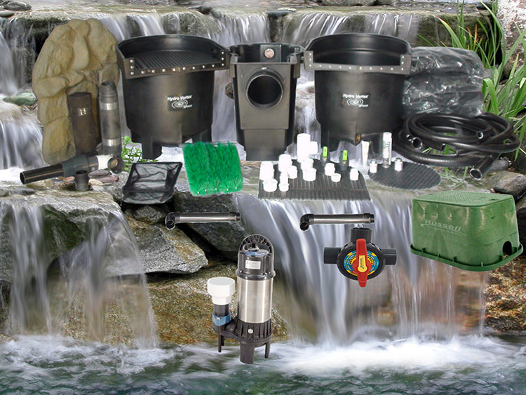 Double Dolphin Series 21'x26' jumbo pond kit and SH-10500 submersible pump with HydroFlush backwash system