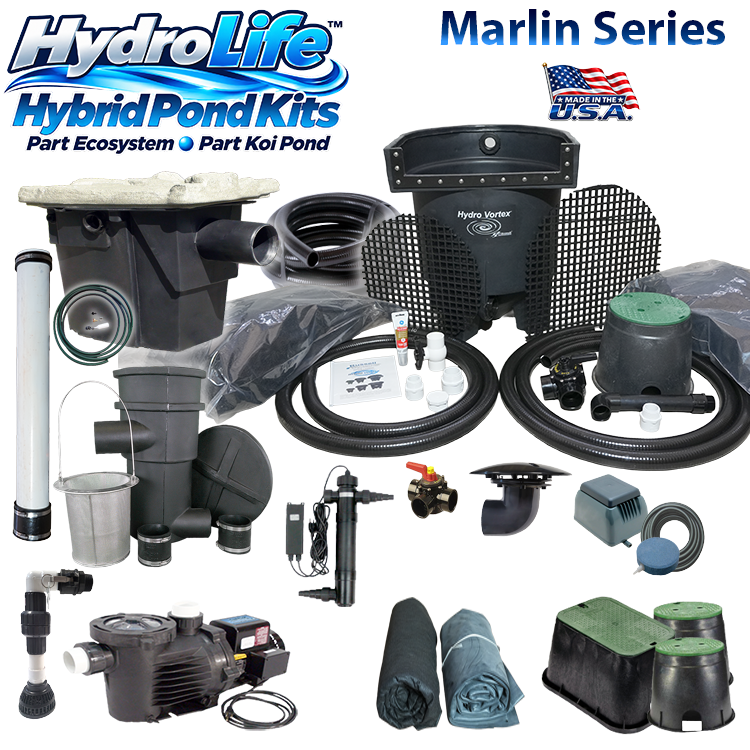 Marlin Series HydroLife™ hybrid pond kit for ponds that have the look of a water garden pond, but the function of a koi pond.
