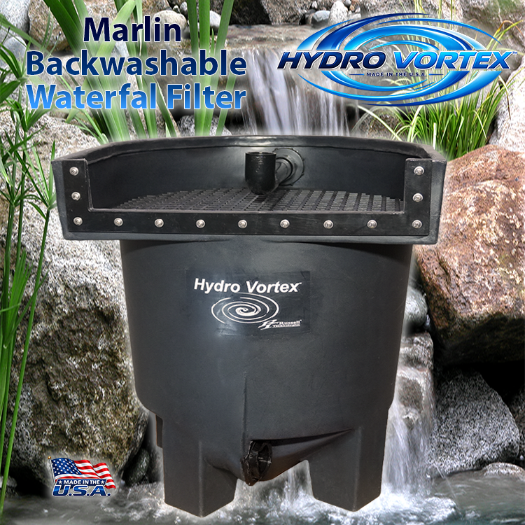 Marlin Hydro Vortex™ 20-inch biological waterfall filter for ponds and pondless waterfalls with clean pond water.