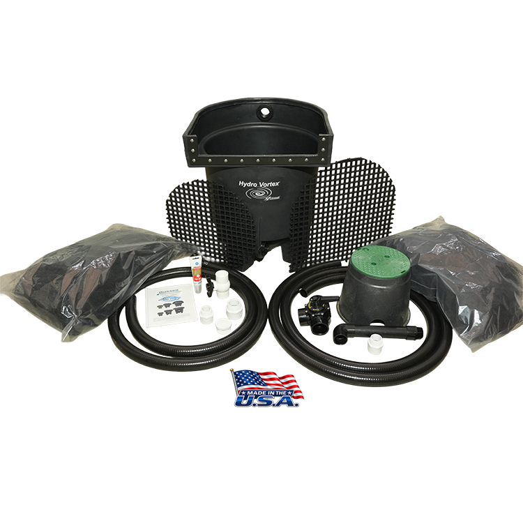 Marlin Hydro Vortex™ 20-inch biological waterfall filter with FilterSilk™ media, drain kit and HydroFlush™ backwash system for ponds and pondless waterfalls.
