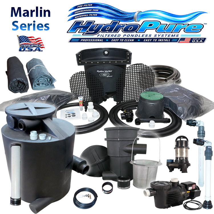 HydroPure Filtered Pondless Systems Marlin Series pond pump kit with various black and gray components, hoses, filters, and accessories arranged on a white background with brand logos at the top.