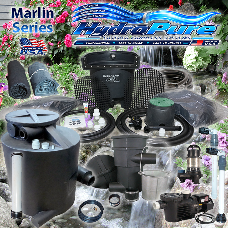 HydroPure Marlin Series pondless fountain and waterfall system kit, featuring a black plastic tank, pump, filters, hoses, and accessories, presented against a background of a waterfall in a garden with a brand logo overlay.