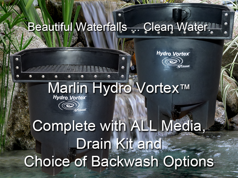 Two black Hydro Vortex koi fish pond waterfall filters shown in a hybrid pond setting with a waterfall background, featuring promotional text overlays.