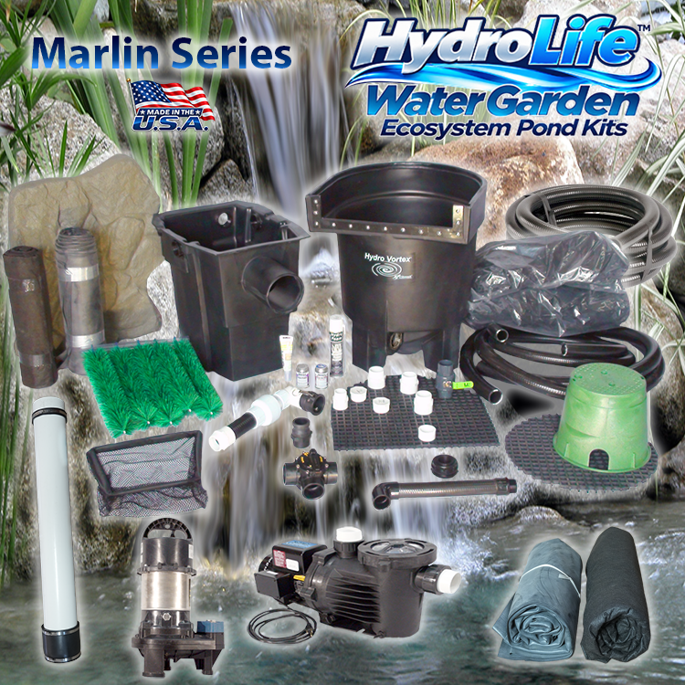 Marlin Series HydroLife™ customizable medium water garden pond kit with a waterfall and pond with clean water behind the kit.