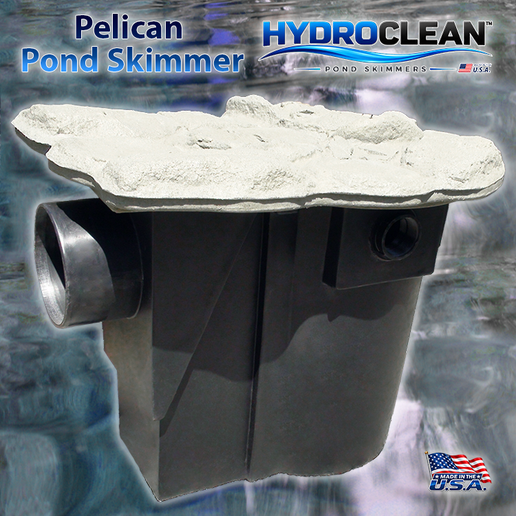 HydroClean™ Pelican Large Fish-Safe Pond Skimmer over clean blue pond water.