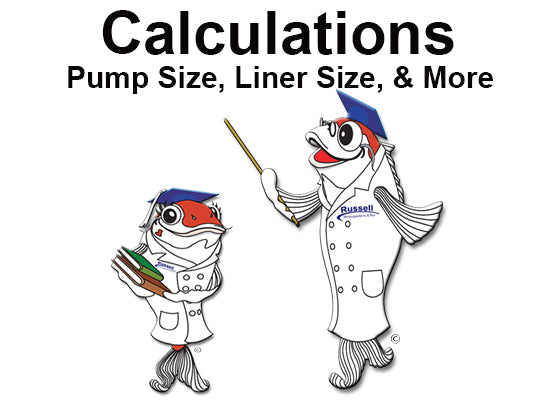 Calculations for waterfall flow rates, pump size, liner size, water volume and more