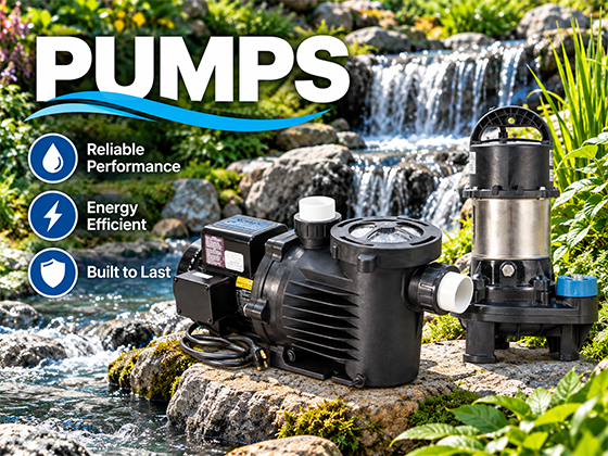 Submersible and external water pumps for ponds, waterfalls and pondless water features.