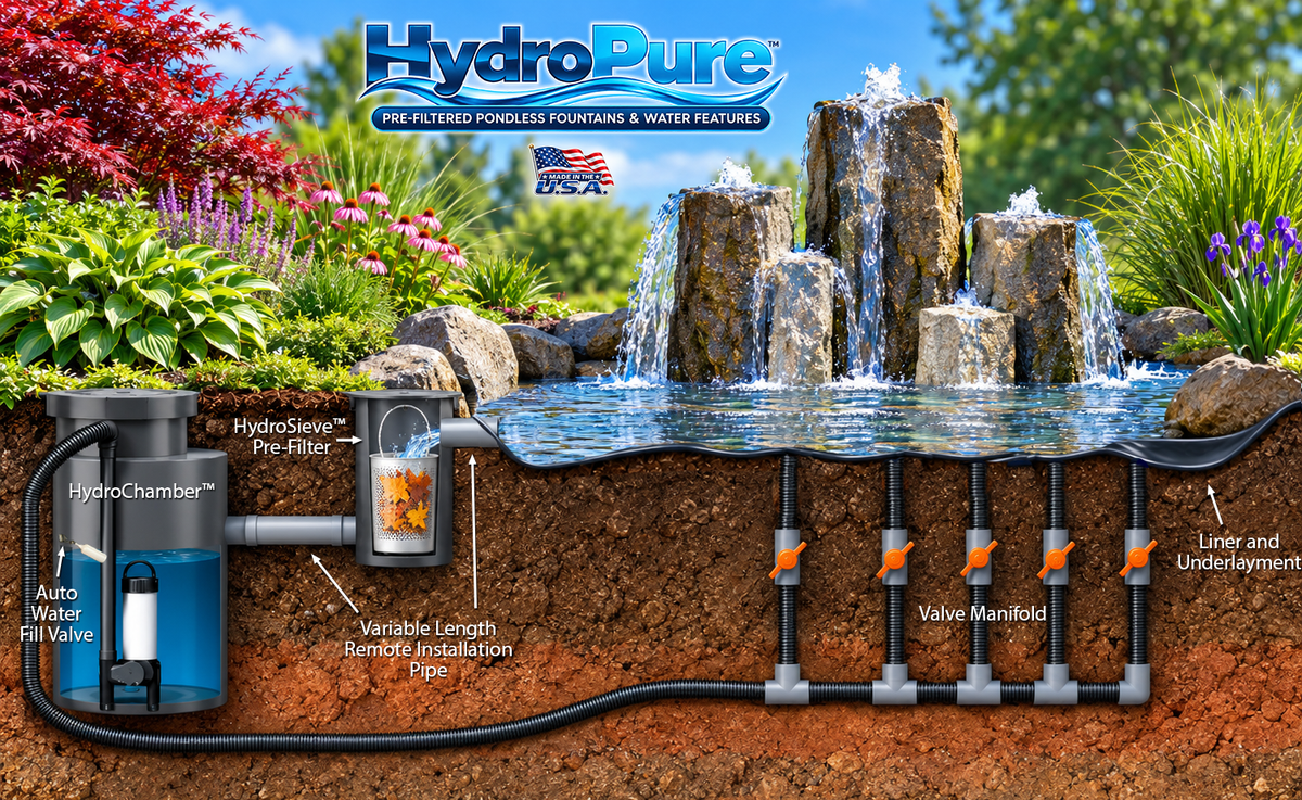 HydroPure™ pre-filtered pondless rock column fountain showing HydroSieve, HydroChamber, auto-fill valve, valve manifold, liner and underground plumbing.