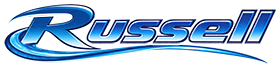 The word 'Russell' appears in a stylized blue and white logo with a dark blue shadow.