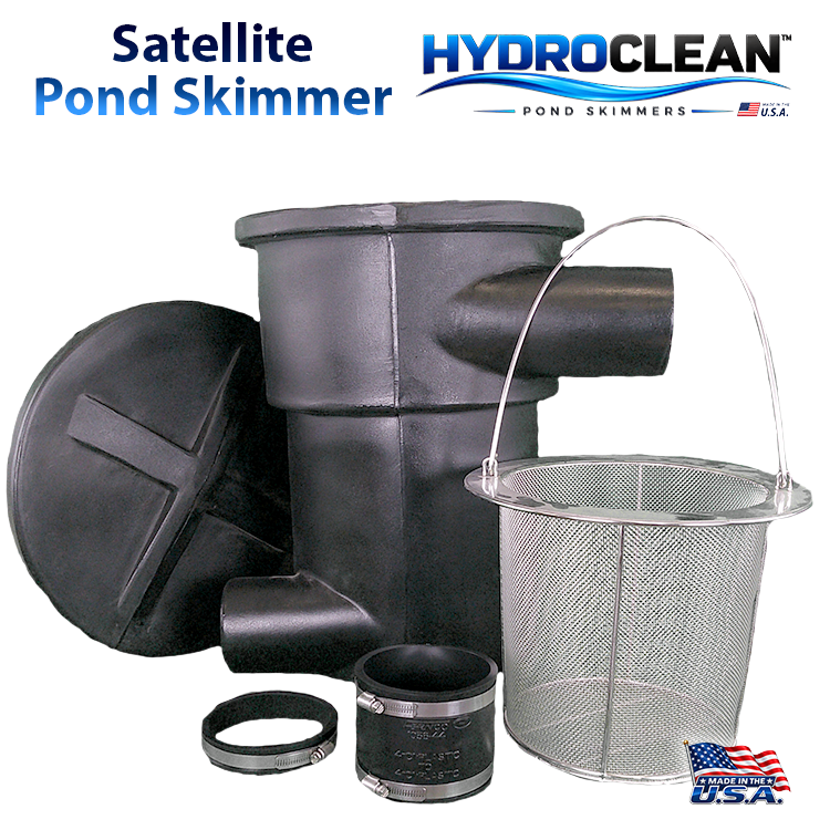 HydroClean™ External-Pump Satellite Pond Skimmer with stainless steel filter basket, coupler, and collar.