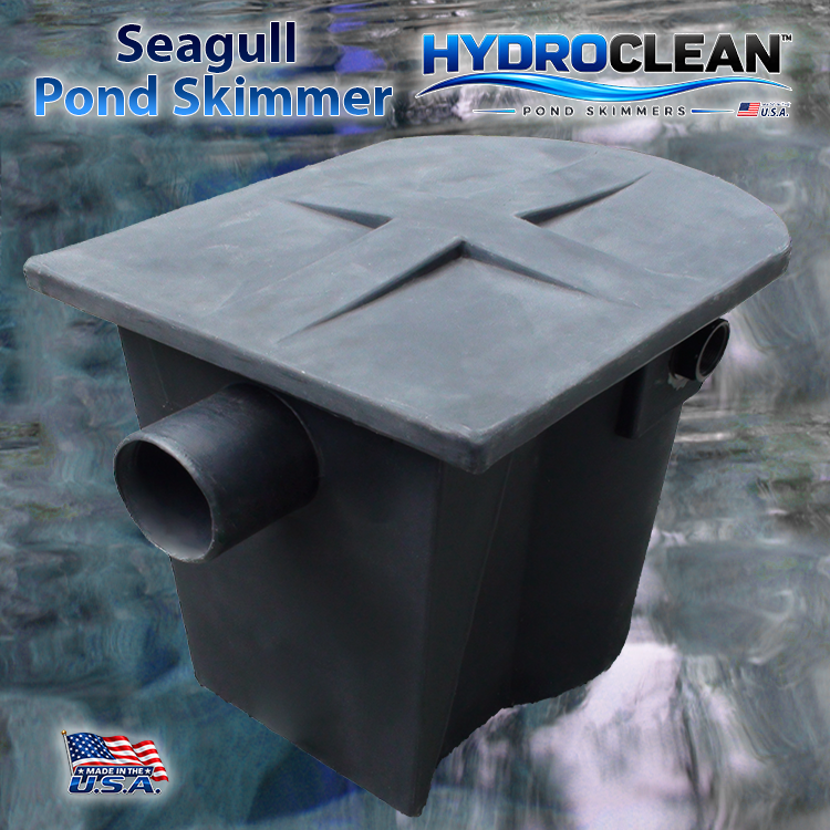 HydroClean™ Seagull Small Fish-Safe Pond Skimmer over beautiful blue clean pond water.