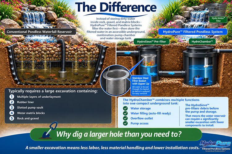 An infographic comparison graphic titled 'The Difference' comparing conventional pondless waterfall reservoir systems with the HydroPure Filtered Pondless System, including models HydroStove, HydroChamber, and HydroPure. The graphic features a cross-section diagram of a conventional system on the left and a modern compact underground tank system on the right, with text detailing excavation requirements and benefits.
