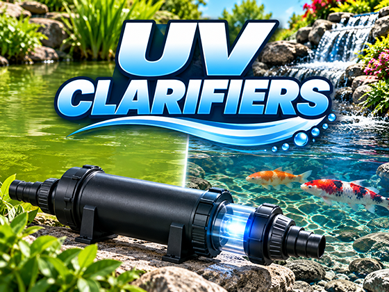 Pond UV clarifier illustrating green algae water changing to clear water with koi and a waterfall.