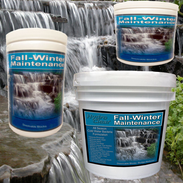 Fall Winter Maintenance Cold Water Beneficial Bacteria ⅓ oz. containers with a waterfall backdrop