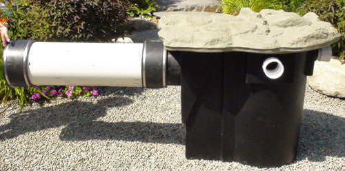 The Pelican HydroClean large pond skimmer connects to 10" pipe for remote installations