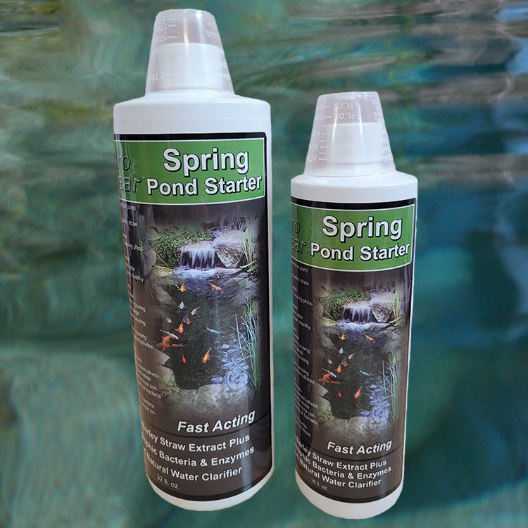 Liquid Spring Pond Starter Bacteria Plus Barley bottles in a pond water backdrop